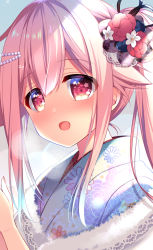 Rule 34 | 1girl, blue hair, blush, floral print, flower, fur trim, gradient hair, hair between eyes, hair flaps, hair flower, hair ornament, harusame (kancolle), highres, japanese clothes, kantai collection, kimono, light particles, looking at viewer, multicolored hair, open mouth, own hands together, pink eyes, pink hair, ringo sui, side ponytail, sidelocks, solo, white kimono