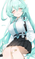Rule 34 | 1girl, ahoge, black skirt, blue archive, blue necktie, blush, closed eyes, collared shirt, feet out of frame, green hair, grin, haruri, highres, huge ahoge, long hair, looking at viewer, necktie, pleated skirt, shirt, simple background, skirt, smile, solo, white background, white shirt, yume (blue archive)
