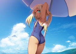 Rule 34 | 1girl, armpits, ass, beach umbrella, blonde hair, blue eyes, blue one-piece swimsuit, blue sky, breasts, cloud, commentary request, from behind, fuu (koneko no yomeiri), hair tie, highres, idolmaster, idolmaster cinderella girls, layla (idolmaster), looking back, mouth hold, one-piece swimsuit, petite, shade, sky, small breasts, solo, swimsuit, tan, tying hair, umbrella