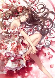 Rule 34 | 1girl, anklet, bare legs, bare shoulders, brown eyes, brown hair, dress, floating hair, floral print, flower, from side, hagiwara rin, hair flower, hair ornament, jewelry, long hair, looking at viewer, looking to the side, matching hair/eyes, nail polish, necklace, no socks, off-shoulder dress, off shoulder, original, pearl necklace, petals, red nails, red rose, rose, rose petals, shoes, solo, sparkle, very long hair, white footwear
