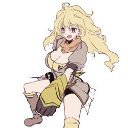 Rule 34 | 1girl, blonde hair, breasts, cleavage, female focus, large breasts, long hair, maromi (am97), rwby, simple background, smile, solo, white background, yang xiao long