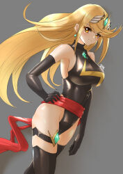 Rule 34 | 1girl, alternate costume, arm at side, bare shoulders, black gloves, black leotard, blonde hair, breasts, closed mouth, cosplay, deekei, earrings, elbow gloves, gloves, grey background, hand on own hip, heattech leotard, highres, jewelry, large breasts, leotard, long hair, looking at viewer, marvel, ms. marvel, ms. marvel (cosplay), mythra (xenoblade), naughty face, nintendo, sleeveless, sleeveless turtleneck, smile, solo, thighs, turtleneck, xenoblade chronicles (series), xenoblade chronicles 2, yellow eyes