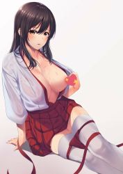 Rule 34 | 1girl, akagi (kancolle), amagimei, blush, breasts, breasts out, brown eyes, brown hair, censored, hand on floor, highres, japanese clothes, kantai collection, large breasts, long hair, looking at viewer, on floor, open mouth, red skirt, sitting, skirt, solo, sweat, thighhighs, thighs, white background, white thighhighs