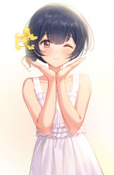 Rule 34 | 1girl, ;), ameyame, bare arms, blue hair, blush, collarbone, dark blue hair, dress, flat chest, flower, frill trim, frills, gradient background, hair flower, hair ornament, halftone, halftone background, highres, idolmaster, idolmaster shiny colors, looking at viewer, morino rinze, one eye closed, red eyes, short hair, simple background, sleeveless, sleeveless dress, smile, solo, sundress, upper body, white dress, yellow flower