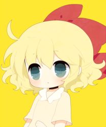 Rule 34 | 1girl, :o, ahoge, blonde hair, blue eyes, bow, choker, hair bow, haru (kyou), mother (game), mother 2, nintendo, parted lips, paula (mother 2), shirt, short hair, simple background, solo, upper body, yellow background