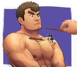 Rule 34 | 1boy, abs, bara, barry go, brown hair, chest hair, completely nude, facial hair, food, goatee, highres, takabushi kengo, large pectorals, long sideburns, male focus, muscular, muscular male, nipples, nude, object on pectorals, pectoral focus, pectorals, pocky, pocky day, short hair, solo, stubble, thick eyebrows, tokyo houkago summoners, upper body, veins