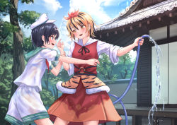 Rule 34 | 2girls, architecture, black hair, blonde hair, blue eyes, building, commentary, east asian architecture, fang, hair ornament, hat, holding another&#039;s wrist, hose, multicolored hair, multiple girls, murasa minamitsu, neckerchief, open mouth, outdoors, roke (taikodon), sailor collar, sailor hat, short sleeves, shorts, toramaru shou, touhou, tree, two-tone hair, water, wet, wet clothes, wet hair, yellow eyes