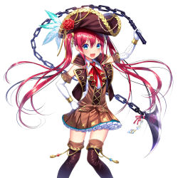 Rule 34 | 1girl, blue eyes, boots, chain, elbow gloves, fang, fuji minako, gloves, hair ornament, hand on own hip, highres, holding, holding weapon, long hair, open mouth, red hair, simple background, solo, tenkuu no craft fleet, thigh boots, thighhighs, twintails, weapon, white background, white gloves