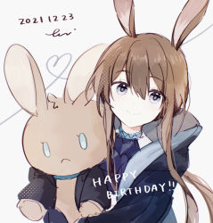 Rule 34 | 1girl, amiya (arknights), animal ears, arknights, ascot, black coat, blush, brown hair, closed mouth, coat, dated, figmnts, happy birthday, heart, heart of string, highres, holding, holding stuffed toy, looking at viewer, open clothes, open coat, purple ascot, purple eyes, rabbit ears, short hair with long locks, sidelocks, signature, simple background, smile, solo, stuffed animal, stuffed rabbit, stuffed toy, white background