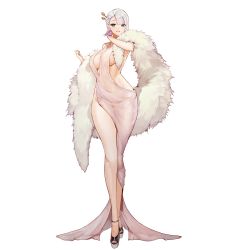Rule 34 | 1girl, audrey dreamweaver, breasts, curvy, feather boa, full body, game cg, green eyes, grin, high heels, highres, jewelry, large breasts, last origin, looking at viewer, nail polish, navel, necklace, nightgown, no bra, no panties, official art, pink nails, rorobomb, shoes, short hair, simple background, smile, solo, tachi-e, thick thighs, thigh gap, thighs, transparent background, white hair, wide hips