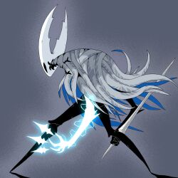 Rule 34 | 1other, black eyes, black skin, blank eyes, colored skin, electricity, energy weapon, from behind, full body, glowing, glowing arm, glowing hand, grey background, grey cloak, highres, holding, holding weapon, hollow knight, hollow knight (character), joints, leaning forward, legs, legs apart, nail (hollow knight), other focus, sakana 2-gou, simple background, solo, standing, weapon