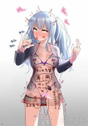 Rule 34 | 1girl, afterimage, ahegao, aqua eyes, artist name, backlighting, bikini, bikini under clothes, blue jacket, blush, body writing, bow, bowtie, breasts, buttons, cardigan, collarbone, collared shirt, condom, condom belt, controller, cowboy shot, dildo, egg vibrator, english text, facepaint, facial mark, fellatio gesture, female ejaculation, female ejaculation through clothes, female focus, female orgasm, fishnet swimsuit, gradient background, grey background, grey hair, half-closed eyes, hands up, heart, highleg, highleg bikini, highres, jacket, japanese text, long hair, long sleeves, looking up, medium breasts, middle finger, miniskirt, motion lines, multicolored clothes, multicolored skirt, multiple condoms, navel, nipple stimulation, nipples, nose blush, object insertion, open clothes, open jacket, open mouth, orgasm, original, pink cardigan, plaid, plaid skirt, pleated skirt, pocket, purple bikini, pussy juice, raion (t12k1ro3), red bow, red bowtie, remote control, remote control vibrator, rolling eyes, saliva, sample watermark, school uniform, sex toy, shirt, signature, simple background, skindentation, skirt, solo, standing, stomach, string bikini, striped bow, striped bowtie, striped clothes, striped neckwear, sweat, swimsuit, swimsuit under clothes, tally, thigh strap, translation request, trembling, twintails, underboob, used condom, vaginal, vaginal object insertion, vibrator, vibrator cord, vibrator on nipple, vibrator under clothes, watermark, white shirt, x-ray