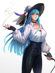 Rule 34 | 1girl, bad id, bad pixiv id, black choker, black gloves, black pants, blue eyes, blue hair, blue lips, blue nails, blunt bangs, breasts, brk, choker, cigarette, cleavage, fingerless gloves, flower, gloves, hat, hat feather, hat flower, large breasts, lipstick, long hair, long sleeves, looking at viewer, makeup, nail polish, original, pants, smoking, solo, standing, very long hair, whip, white background