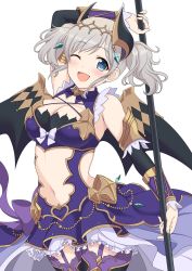Rule 34 | ;d, akari (princess connect!), blue eyes, blush, breasts, cleavage, demon girl, demon horns, demon wings, detached sleeves, dress, grey hair, highres, holding, holding weapon, horns, large breasts, looking at viewer, midriff, one eye closed, open mouth, princess connect!, purple dress, revealing clothes, simple background, smile, staff, standing, thighhighs, twintails, weapon, white background, wings, yue (show-ei)
