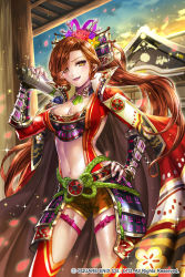 Rule 34 | 1girl, :d, armor, black armor, black bra, blue sky, box (hotpppink), bra, breasts, brown hair, building, cleavage, closed mouth, cloud, coat, collarbone, company name, contrapposto, detached collar, fingernails, flower, gradient sky, hair flower, hair ornament, hair ribbon, hair stick, hand on own hip, high collar, highres, holding, holding scroll, jacket, jacket on shoulders, japanese armor, kusazuri, large breasts, legs apart, long hair, long sleeves, looking at viewer, navel, official art, open clothes, open jacket, open mouth, orange sky, petals, print coat, purple ribbon, red coat, red flower, red jacket, red rose, red shorts, red thighhighs, ribbon, rope, rose, sarashi, scroll, sengoku yaraideka, shiny skin, short shorts, shorts, sky, smile, smug, solo, sparkle, standing, stomach, swept bangs, thigh strap, thighhighs, thighs, twilight, underwear, vambraces, yellow eyes