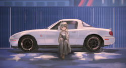 Rule 34 | 1girl, ahoge, brown footwear, car, commentary request, eunos roadster, grey hair, highres, long sleeves, looking at viewer, mazda, mazda mx-5, mazda mx-5 na, momo hiki, motor vehicle, original, outdoors, personification, shoes, short hair, solo, vehicle focus