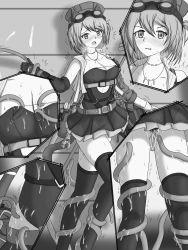 Rule 34 | 1girl, absurdres, animal ears, arknights, asymmetrical sleeves, belt, blush, breasts, cabbie hat, cat ears, cat girl, cat tail, cleavage, frilled skirt, frills, gloves, goggles, hat, highres, jewelry, leotard, medium breasts, mismatched sleeves, monochrome, necklace, rockrock (arknights), skirt, tail, tears, tentacles, tentacles under clothes, thighhighs, vest, wrench
