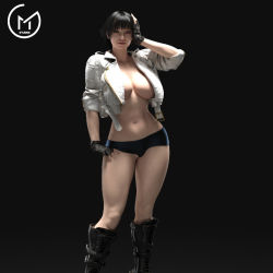 Rule 34 | 1girl, 3d, black hair, boots, breasts, capcom, devil may cry (series), devil may cry 5, female focus, fingerless gloves, gloves, hand on own head, jacket, lady (devil may cry), large breasts, legs, no bra, shorts, solo