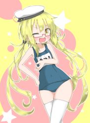 Rule 34 | 10s, 1girl, bare shoulders, beret, bespectacled, blonde hair, blush, collarbone, contrapposto, cosplay, covered navel, fang, glasses, hair between eyes, hat, highres, i-8 (kancolle), i-8 (kancolle) (cosplay), kantai collection, kisetudenpa, long hair, look-alike, looking at viewer, name tag, one-piece swimsuit, one eye closed, satsuki (kancolle), school swimsuit, semi-rimless eyewear, shibainu kisetsu, simple background, skin tight, solo, standing, swimsuit, thigh gap, thighhighs, twintails, under-rim eyewear, very long hair, wink, yellow background, yellow eyes