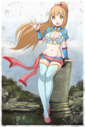 Rule 34 | 1girl, blonde hair, borrowed character, breasts, chinese clothes, chuunioniika, female focus, highres, hime cut, large breasts, long hair, looking at viewer, luma (lederhozen), midriff, navel, open mouth, orange eyes, original, ponytail, shorts, sitting, solo, straight hair, thighhighs, vambraces, zettai ryouiki