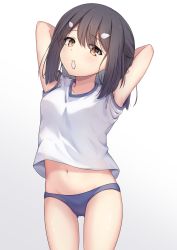 Rule 34 | 1girl, arata (xin), armpits, blue shorts, blush, brown eyes, cameltoe, commentary request, fate/kaleid liner prisma illya, fate (series), female focus, gradient background, grey background, gym uniform, hair ornament, hair tie, hair tie in mouth, hairclip, highres, looking at viewer, miyu edelfelt, mouth hold, navel, shirt, short shorts, shorts, simple background, solo, sportswear, standing, white background, white shirt