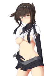 Rule 34 | 10s, 1girl, ahoge, anchor symbol, bad id, bad pixiv id, belt, black ribbon, black skirt, blush, brown hair, cannon, closed mouth, cowboy shot, elbow gloves, fedsnk, gloves, hair flaps, hand on own stomach, hatsuzuki (kancolle), head tilt, highres, kantai collection, looking at viewer, machinery, neckerchief, no bra, no panties, one breast out, pleated skirt, pussy, ribbon, shirt, short hair, simple background, skirt, smile, solo, standing, torn clothes, torn shirt, torn skirt, tsurime, turret, two side up, uncensored, white background, white shirt, yellow eyes