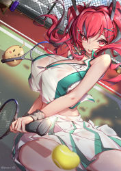 Rule 34 | 1girl, azur lane, ball, bare shoulders, bottle, breasts, bremerton (azur lane), bremerton (scorching-hot training) (azur lane), chain-link fence, commentary request, crop top, crop top overhang, fence, hair between eyes, hair ornament, headgear, heart, heart necklace, highres, holding, holding racket, jewelry, large breasts, manjuu (azur lane), midriff, multicolored hair, necklace, open mouth, pleated skirt, racket, red eyes, red hair, renze l, shirt, skirt, sleeveless, sleeveless shirt, sportswear, streaked hair, tennis, tennis ball, tennis court, tennis racket, tennis uniform, thighs, two-tone shirt, two-tone skirt, two side up, water bottle, white skirt, wristband, x hair ornament