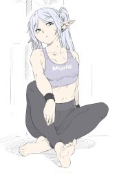 Rule 34 | 1girl, barefoot, black pants, bra, closed mouth, elf, frieren, green eyes, highres, long hair, pants, pointy ears, serious, sitting, solo, sousou no frieren, underwear, very long hair, white background, white bra, white hair