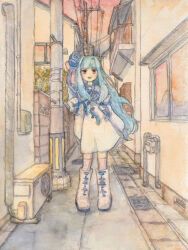 Rule 34 | 1girl, absurdres, air conditioner, alley, arms at sides, blue hair, blue ribbon, blunt bangs, blush, bone 71, boots, commentary, detached sleeves, dress, floating hair, flower knot, full body, hair intakes, hair ribbon, highres, house, industrial pipe, knee boots, kotonoha aoi, long hair, looking at viewer, open mouth, outdoors, painting (medium), pink sky, pink thighhighs, power lines, red eyes, ribbon, short dress, sidelocks, sky, smile, solo, standing, storm drain, thighhighs, traditional media, twilight, utility pole, very long hair, voiceroid, watercolor (medium), white dress, white footwear, wide shot, window