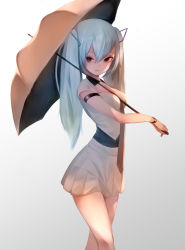 Rule 34 | 1girl, absurdres, arm strap, blue eyes, blue hair, bracelet, breasts, grey background, grey umbrella, hair between eyes, hair ornament, hatsune miku, highres, holding, holding umbrella, jewelry, long hair, looking at viewer, maron (kuri), medium breasts, miniskirt, pleated skirt, shirt, short sleeves, simple background, skirt, smile, solo, standing, twintails, umbrella, very long hair, vocaloid, white shirt, white skirt