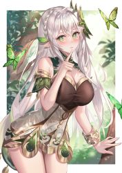 Rule 34 | 1girl, absurdres, aged up, border, braid, breasts, cleavage, crown braid, genshin impact, hair intakes, hair ornament, hao (mwhy4538), highres, large breasts, leaf hair ornament, looking at viewer, nahida (genshin impact), pointy ears, solo, thighs, white border