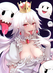 Rule 34 | 1girl, :p, blush, boo (mario), breasts, choker, cleavage, collarbone, gloves, highres, large breasts, long hair, looking at viewer, luigi&#039;s mansion, mario (series), new super mario bros. u deluxe, nintendo, open mouth, pointy ears, princess king boo, puffy short sleeves, puffy sleeves, red eyes, sharp teeth, shigure s, short sleeves, slit pupils, super crown, teeth, tongue, tongue out, upper body, white choker, white gloves, white hair
