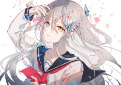 Rule 34 | 1girl, animal, arm up, black sailor collar, blue eyes, brown eyes, bug, butterfly, commentary request, eyebrows hidden by hair, flower, fre (haochilanzuo), grey hair, hair between eyes, heterochromia, insect, long hair, long sleeves, looking at viewer, neckerchief, original, parted lips, petals, pink flower, red neckerchief, sailor collar, shirt, siji (million arthur), simple background, sleeves past wrists, solo, upper body, white background, white shirt