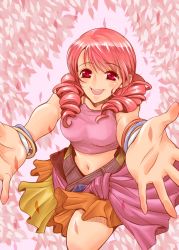 Rule 34 | 10s, 1girl, breasts, female focus, final fantasy, final fantasy xiii, highres, jewelry, midriff, necklace, oerba dia vanille, pink hair, smile, solo, tooco, twintails