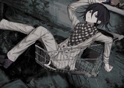 Rule 34 | 1boy, absurdres, arm up, black background, black hair, buttons, checkered clothes, checkered scarf, danganronpa (series), danganronpa v3: killing harmony, double-breasted, from side, grey background, grey jacket, grey pants, hair between eyes, highres, jacket, long sleeves, looking at viewer, oma kokichi, open mouth, pants, purple eyes, scarf, shoes, shopping cart, solo, torn clothes, torn jacket, wa noko