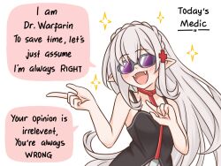 Rule 34 | 1girl, arknights, braid, commentary, english commentary, english text, fangs, french braid, guin guin, long hair, pale skin, pointy ears, right-to-left comic, simple background, solo, speech bubble, sunglasses, vampire, warfarin (arknights), white background, white hair