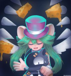 Rule 34 | 1boy, 1girl, animal ears, cheese, cuffs, food, furry, green hair, hat, mad rat, mad rat dead, mouse (animal), mouse ears, nippon ichi, rat god, spikes, stitches, sumiresusie, top hat, wings