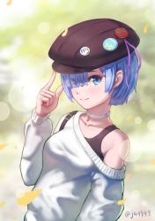 Rule 34 | 1girl, alternate costume, black bra, black hat, blue eyes, blue hair, blurry, blurry background, blush, bra, breasts, cabbie hat, casual, choker, closed mouth, collarbone, commentary request, day, depth of field, eyes visible through hair, finger to headwear, hair ornament, hair over one eye, hairclip, hat, index finger raised, lens flare, long sleeves, nzz, off shoulder, outdoors, petals, plaid, re:zero kara hajimeru isekai seikatsu, rem (re:zero), short hair, single bare shoulder, small breasts, smile, solo, triangle, twitter username, underwear, upper body, white choker