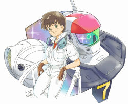 Rule 34 | 1boy, against railing, blouse, breast pocket, brown gloves, brown hair, dated, ginga hyouryuu vifam, gloves, green eyes, head tilt, highres, jumpsuit, kujira gunsou, leaning back, looking at viewer, male focus, mecha, pocket, radio antenna, railing, red shirt, retro artstyle, robot, roddy shuffle, shirt, simple background, sleeves rolled up, split mouth, thick eyebrows, vifam, visor, white background, white jumpsuit