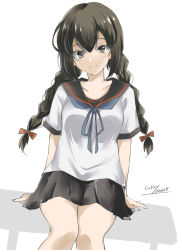 Rule 34 | 1girl, black sailor collar, black skirt, blue neckerchief, braid, feet out of frame, gakky, highres, isonami (kancolle), isonami kai ni (kancolle), kantai collection, long hair, low twintails, neckerchief, one-hour drawing challenge, pleated skirt, sailor collar, sailor shirt, school uniform, serafuku, shirt, simple background, sitting, skirt, solo, thighs together, twin braids, twintails, white background