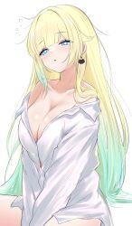 Rule 34 | 1girl, absurdres, aizawa ema, bare shoulders, blonde hair, blue eyes, blue hair, blunt bangs, breasts, bright pupils, cat earrings, collared shirt, dress shirt, gradient hair, green hair, hair flaps, head tilt, highres, large breasts, long hair, long sleeves, looking at viewer, messy hair, multicolored hair, naked shirt, no bra, off shoulder, open clothes, open shirt, parted lips, prsdubstep, shirt, simple background, sitting, sleepy, solo, v arms, very long hair, virtual youtuber, vspo!, white background, white pupils, white shirt, wing collar