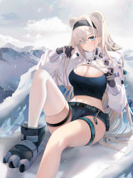Rule 34 | 1girl, animal ears, arknights, aurora (arknights), aurora (elite ii) (arknights), black gloves, black hairband, black shirt, blue eyes, blue shorts, blush, breasts, cleavage, closed mouth, commentary, crop top, foot out of frame, gloves, hair ornament, hairband, highres, large breasts, long hair, long sleeves, midriff, navel, revision, ru zhai, shirt, short shorts, shorts, shrug (clothing), single thighhigh, sitting, skindentation, solo, stomach, thigh strap, thighhighs, thighs, white hair, white thighhighs