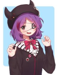 Rule 34 | 1girl, badge, black jacket, blush, bow, brown eyes, eyepatch, fake horns, fang, hat, hayasaka mirei, horned headwear, horns, idolmaster, idolmaster cinderella girls, jacket, korean commentary, long sleeves, looking at viewer, mg pong, multicolored hair, open mouth, pink bow, purple hair, red hair, short hair, simple background, solo, streaked hair, two-tone background, upper body