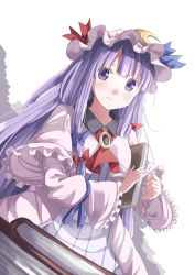 Rule 34 | 1girl, book, crescent, female focus, gurasion (gurasion), hat, highres, holding, holding book, long hair, looking at viewer, patchouli knowledge, purple eyes, purple hair, solo, striped, touhou, vertical stripes