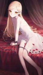 Rule 34 | 1girl, absurdres, bare legs, bare shoulders, bed, black ribbon, blonde hair, bound, bound wrists, canopy bed, commentary, commission, dress, english commentary, frown, highres, long hair, looking at viewer, monogatari (series), on bed, orange eyes, oshino shinobu, petals, pointy ears, pumpkinspicelatte, ribbon, rose petals, sitting, solo, strap slip, white dress