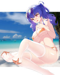 Rule 34 | 1girl, ass, azur lane, bare shoulders, beach, bikini, blue hair, blue sky, blush, breasts, cleavage, collarbone, eyewear on head, highres, large breasts, long hair, official alternate costume, open mouth, pola (azur lane), pola (seaside coincidence) (azur lane), red eyes, sky, solo, starfish, sunglasses on head, swimsuit, thighhighs, twintails, wet legwear, white thighhighs, yellow bikini, yuruto