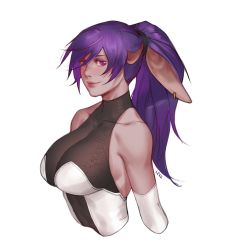 Rule 34 | 1girl, absurdres, animal ears, artist name, bare shoulders, breasts, collarbone, commentary, cropped arms, dark-skinned female, dark skin, earrings, elbow gloves, gloves, halterneck, highres, jewelry, large breasts, less, lips, long hair, looking at viewer, original, ponytail, purple eyes, purple hair, simple background, smile, solo, white background, white gloves