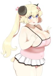 Rule 34 | 1girl, ahoge, blonde hair, blush, breasts, cleavage, hair between eyes, hair ornament, hairclip, hand on breast, highres, hololive, horns, large breasts, long hair, looking at viewer, looking to the side, navel, okunin, open mouth, plump, ponytail, purple eyes, sheep girl, sheep horns, skindentation, smile, solo, tail, thick thighs, thighs, tsunomaki watame, v, virtual youtuber, white background