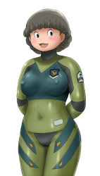 Rule 34 | 10s, 1girl, :d, arms behind back, black eyes, blush, bodysuit, breasts, brown hair, cameltoe, covered navel, cowboy shot, covered erect nipples, hisone to masotan, hitomi mayumi, large breasts, looking at viewer, military, military uniform, open mouth, orca09, pilot suit, short hair, smile, solo, standing, uniform