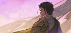 Rule 34 | 1boy, alzi xiaomi, black hair, brown hair, cape, claude von riegan, earrings, embers, facial hair, fire emblem, fire emblem: three houses, from behind, green eyes, highres, jewelry, male focus, nintendo, outdoors, profile, serious, signature, solo, twilight, upper body, wind